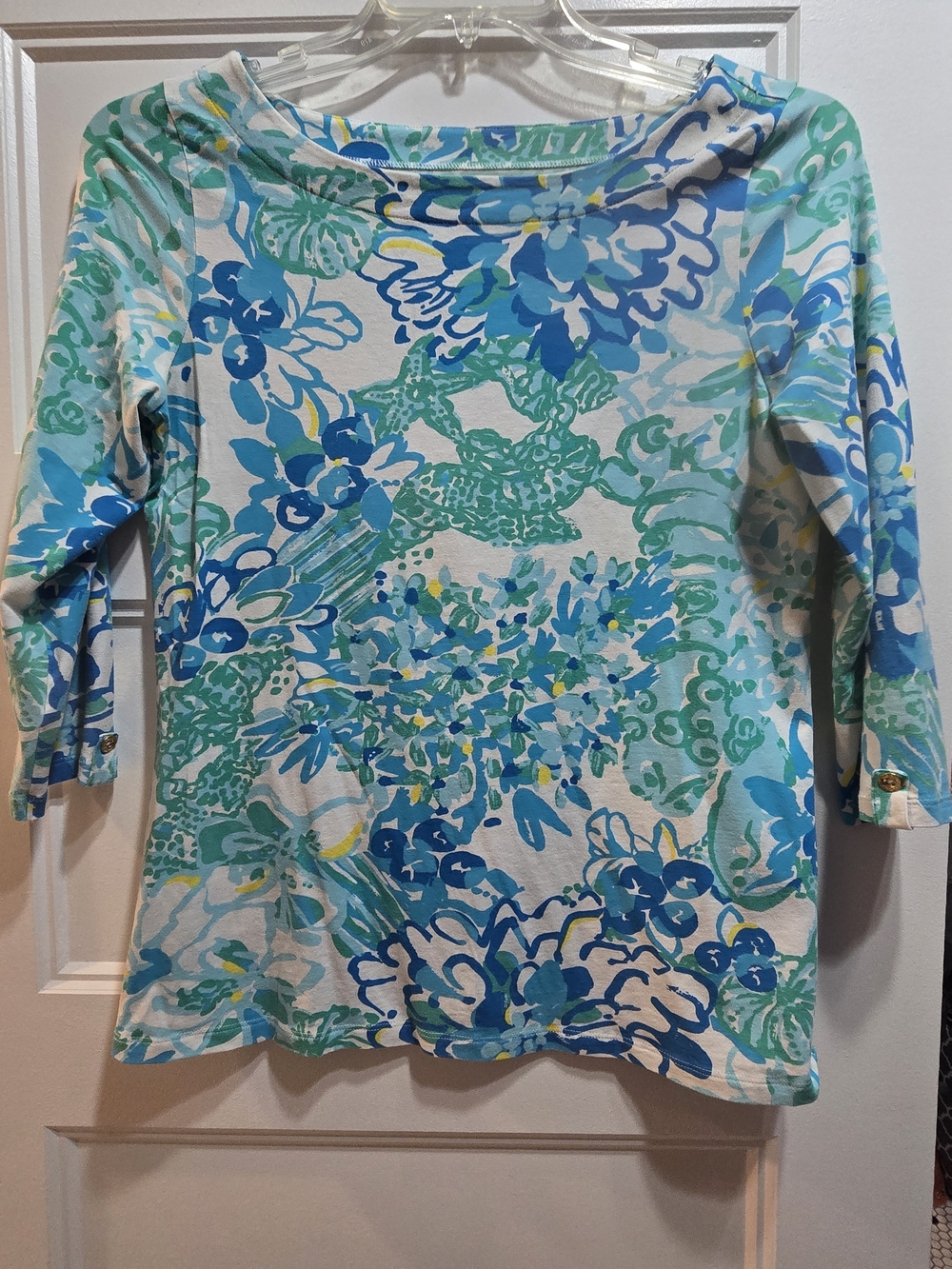 Lilly Pulitzer Blue & Teal Floral Boatneck 3/4 Sleeve Top Size M